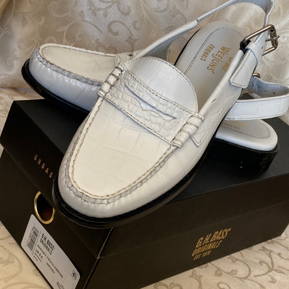 G.H. Bass & Co. White Croc-Embossed Slingback Penny Loafers